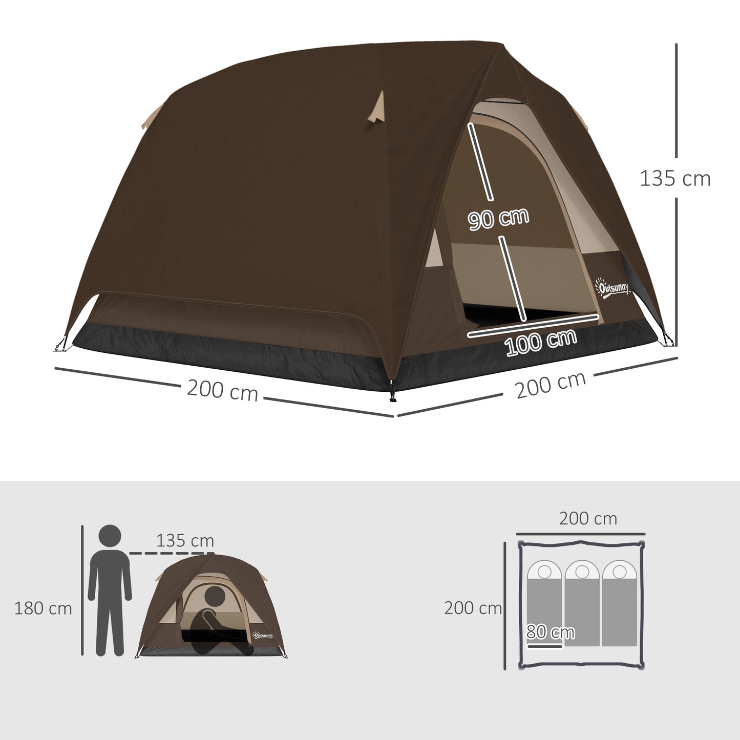 3-4 Person Camping Tent, Waterproof Tent, Brown