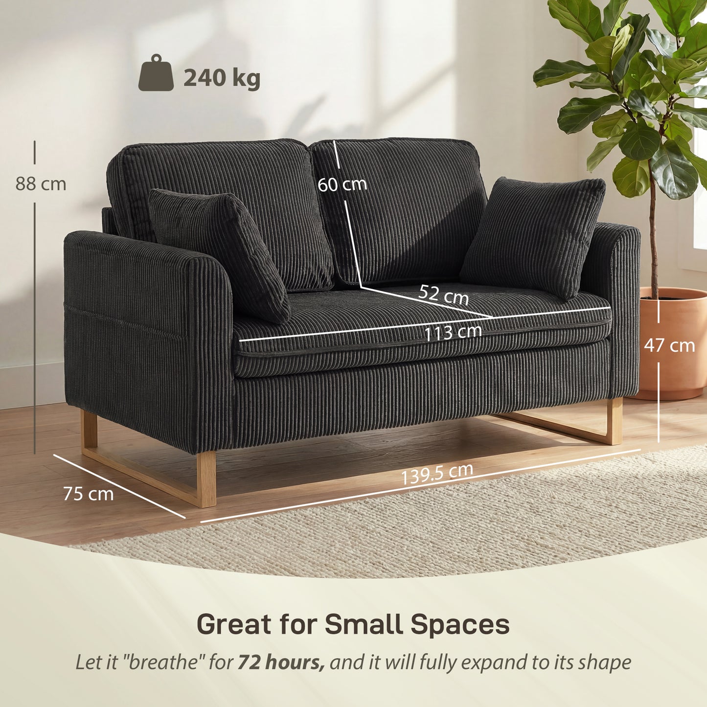 2 Seater Sofa, Corduroy Sofa w/ Spring Cushions 2 Pillows, Dark Grey