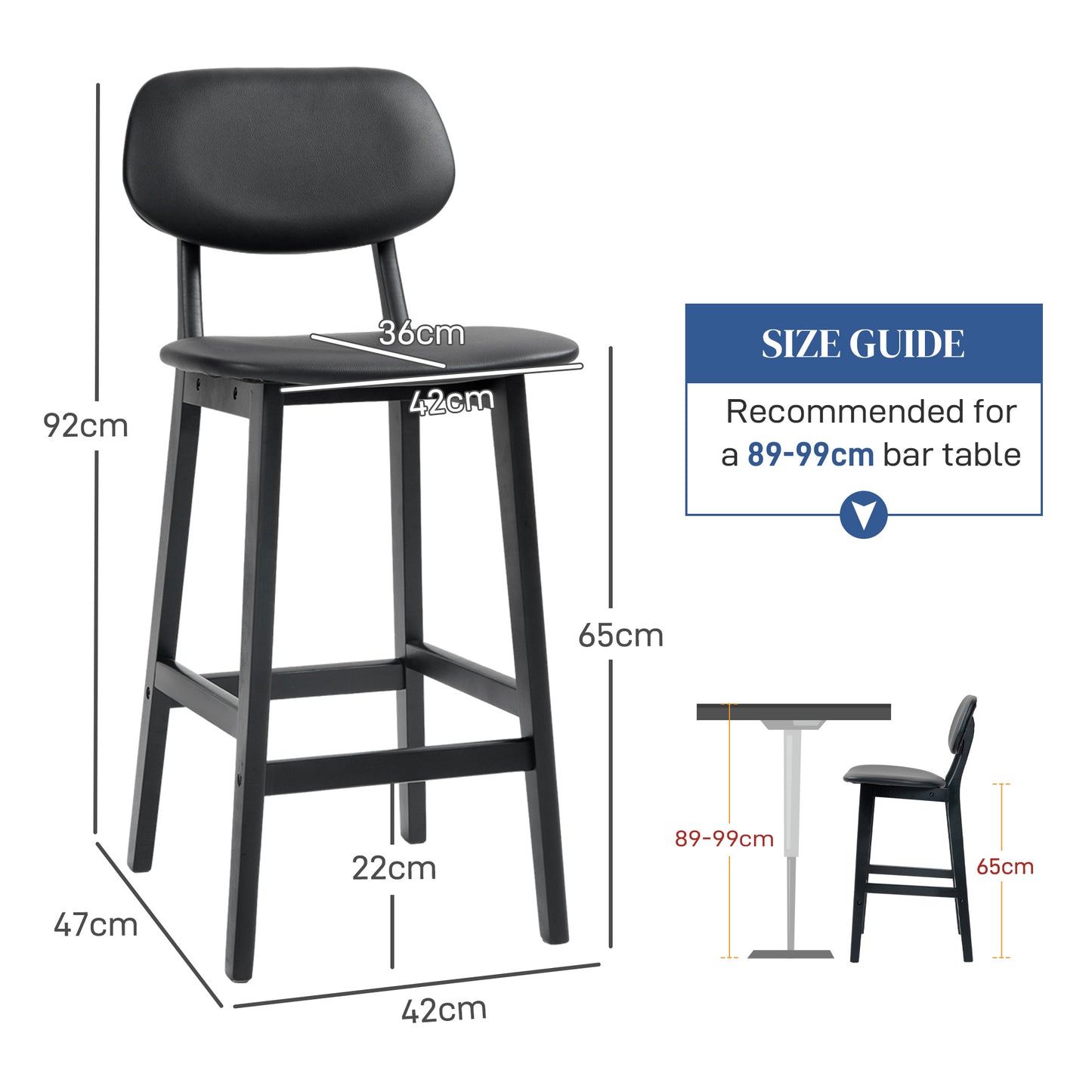 Breakfast Bar stools Set of 2 with PU Leather Cover, Wood Legs, Black