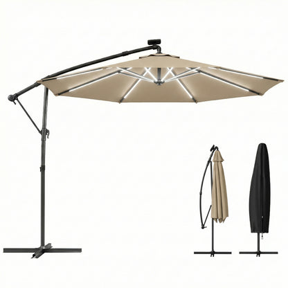 3 m Garden Cantilever Parasol with Solar Light, Rotation, Khaki