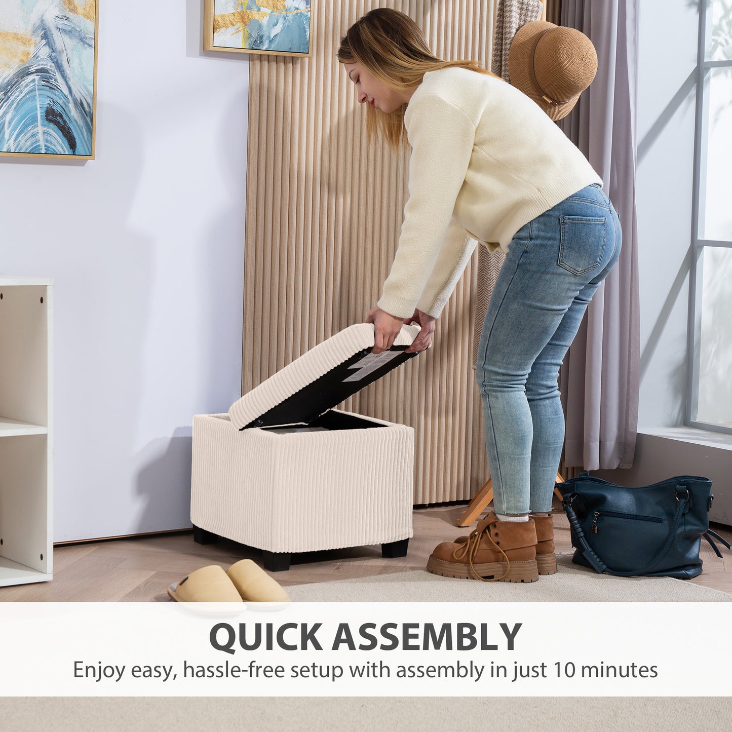 40 cm Ottoman Storage Box with Removable Lid, Foot Rest, Beige