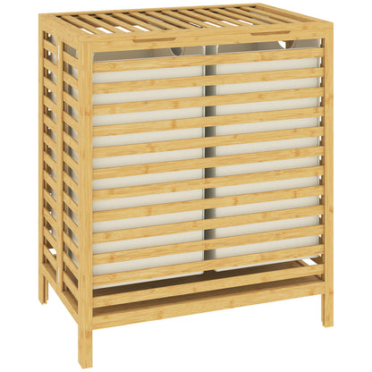 Bamboo Laundry Basket with Lid, 2 Baskets, Foldable, Natural