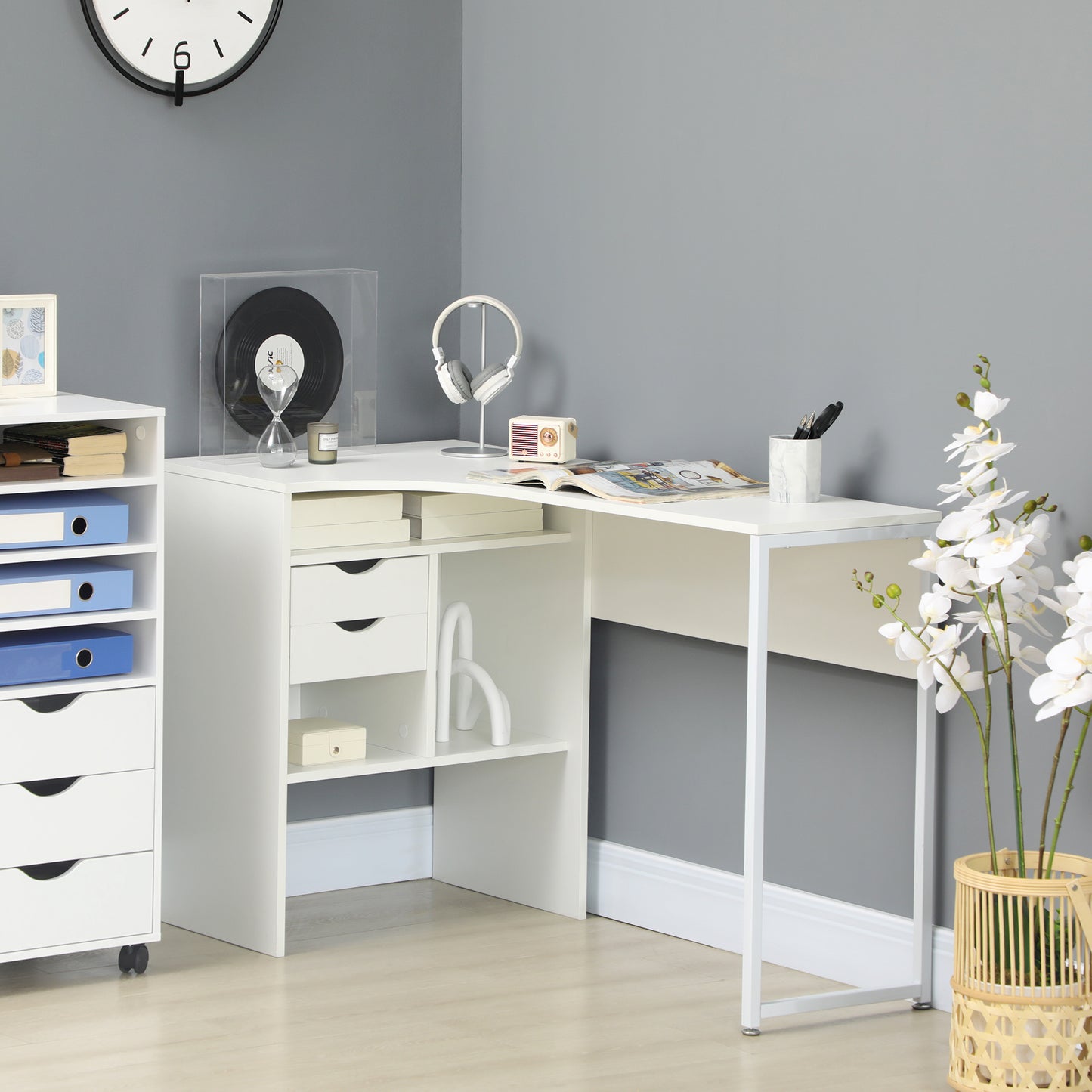 L-Shaped Corner Computer Desk Study Table w/ Storage Shelf - White