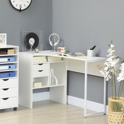 L-Shaped Corner Computer Desk Study Table w/ Storage Shelf - White