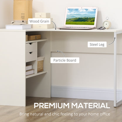 L-Shaped Corner Computer Desk Study Table w/ Storage Shelf - White