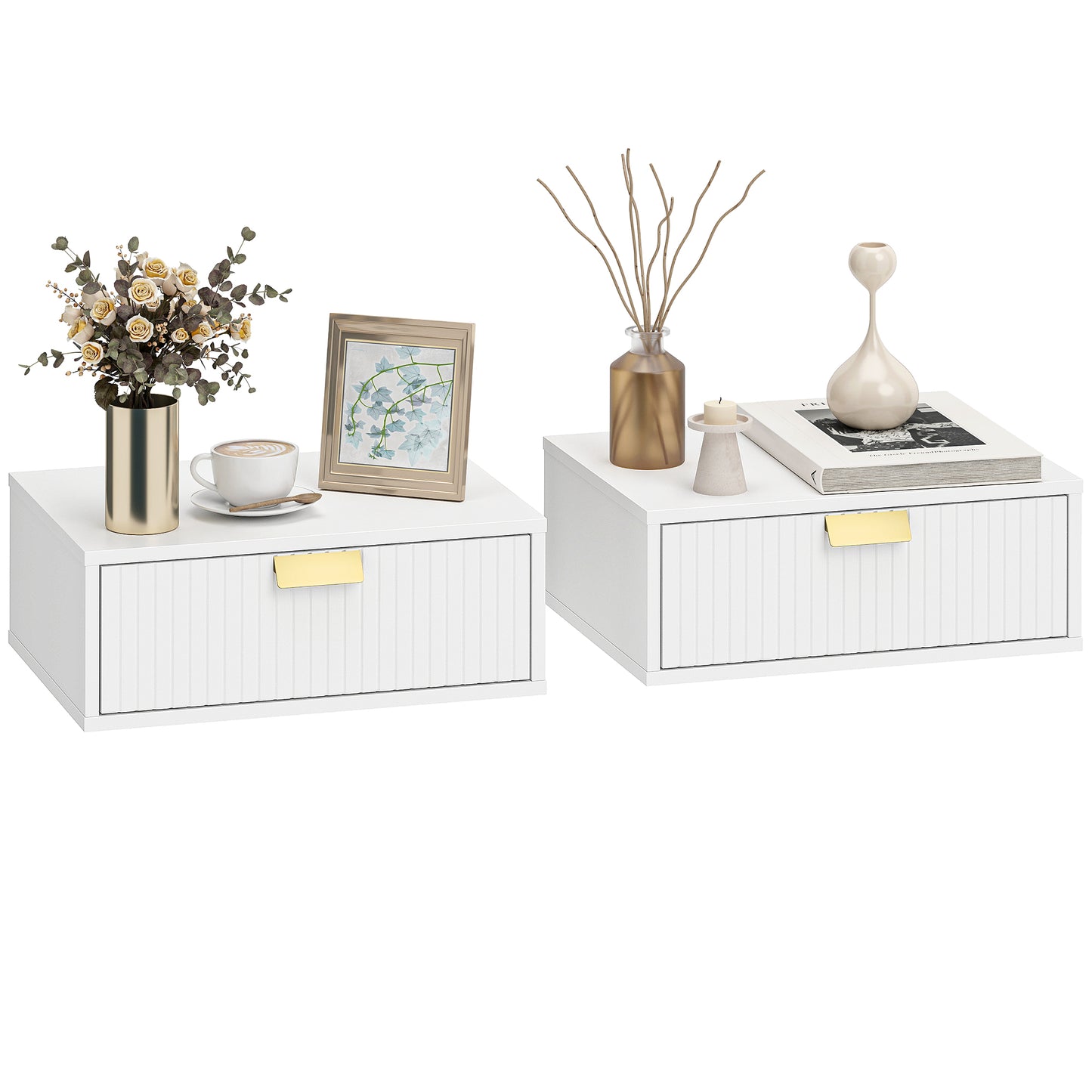Floating Nightstands Set of 2 Bedside Tables w/ Wave Drawer White