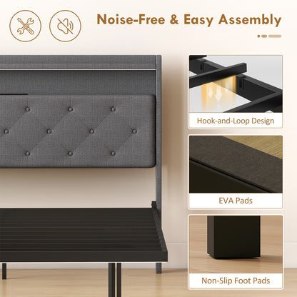Floating Bed Frame with RGB Lights, Upholstered Double Size Bed, Grey