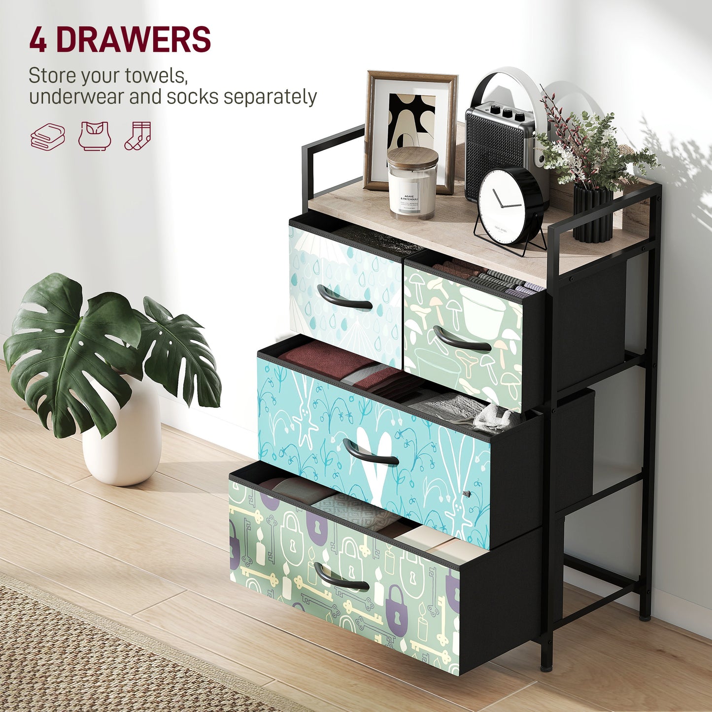 4-Drawer Chest of Drawers, Fabric Dresser with Open Shelf, Blue