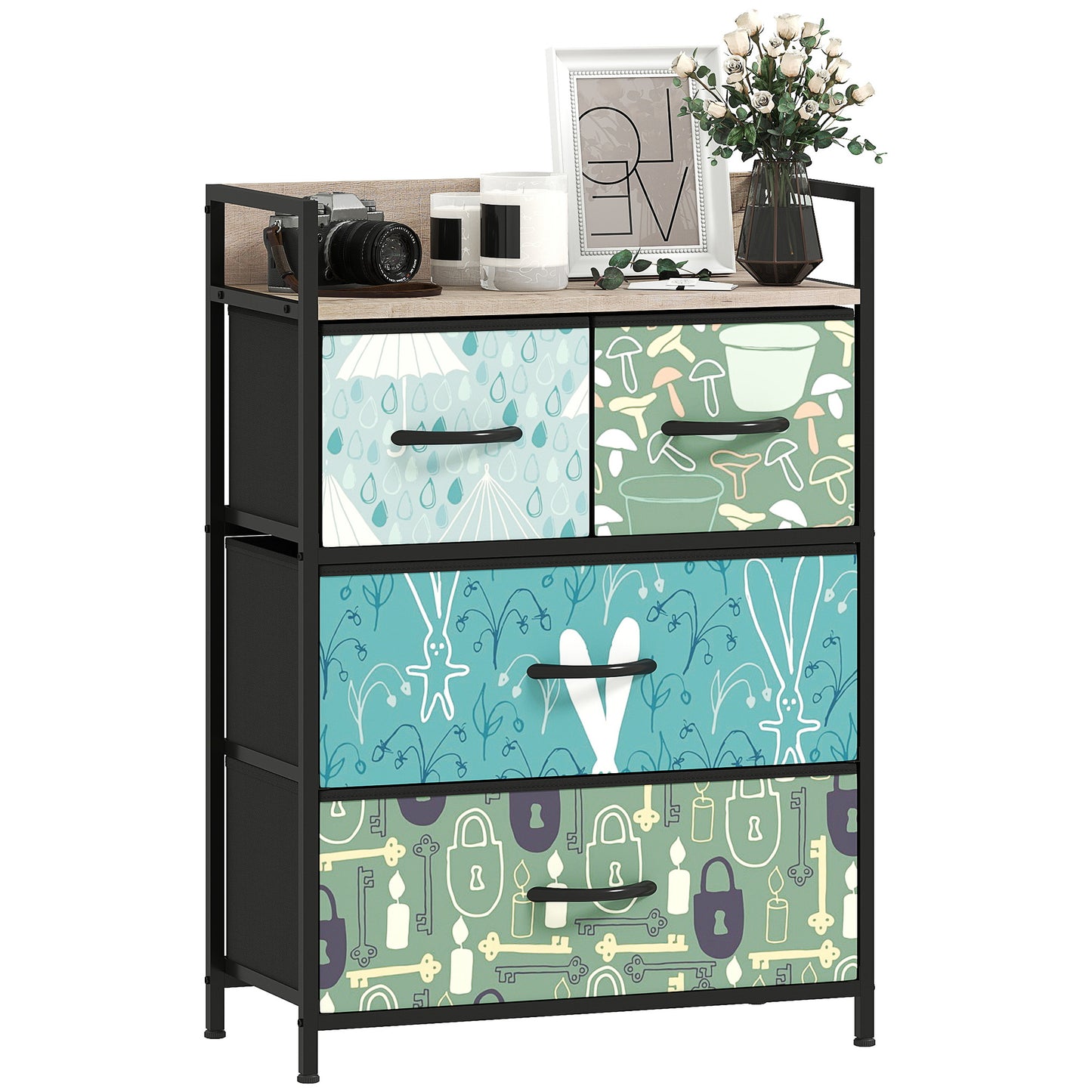 4-Drawer Chest of Drawers, Fabric Dresser with Open Shelf, Blue