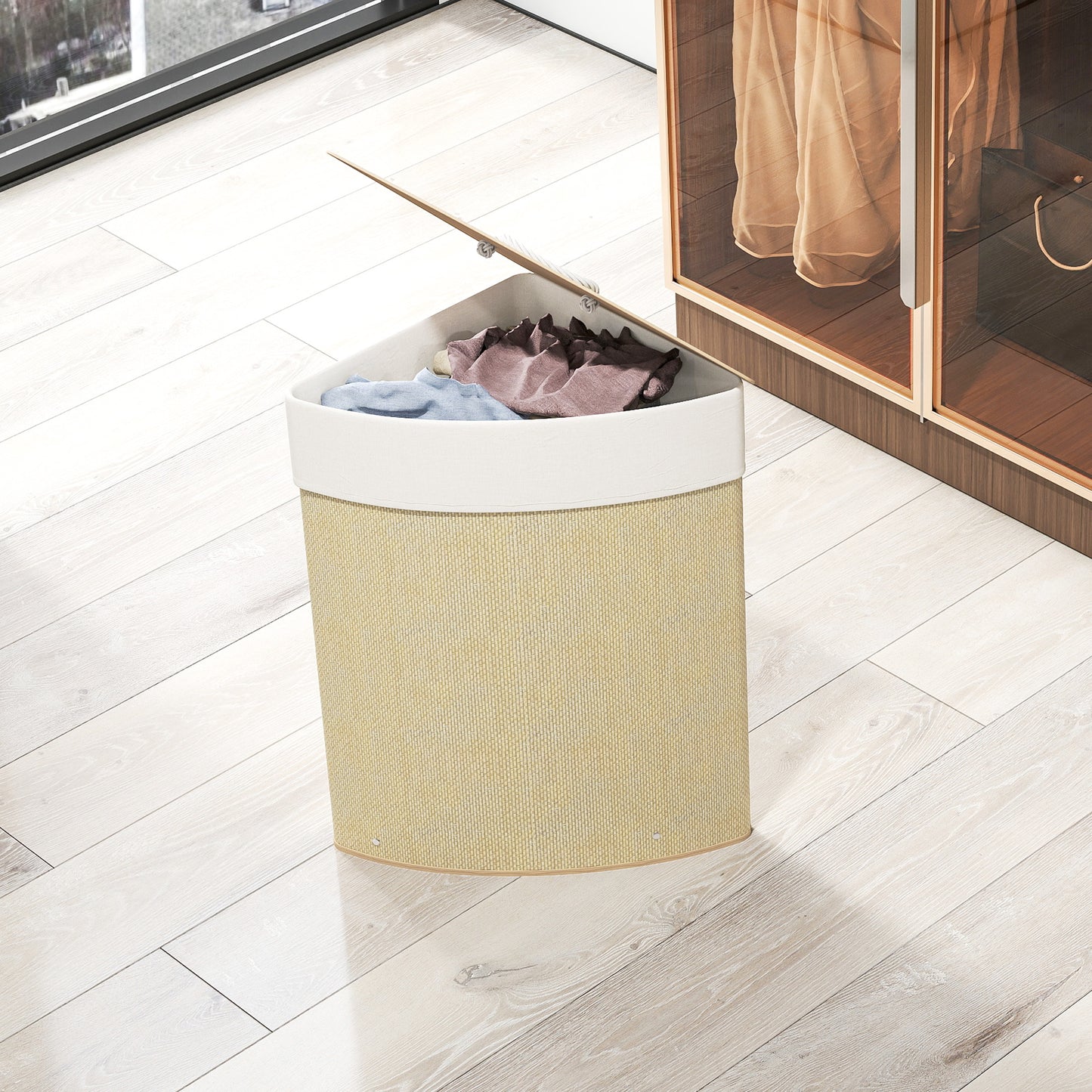 55L Laundry Hamper with Removable Washable Liner Bag, Nature Wood Finish