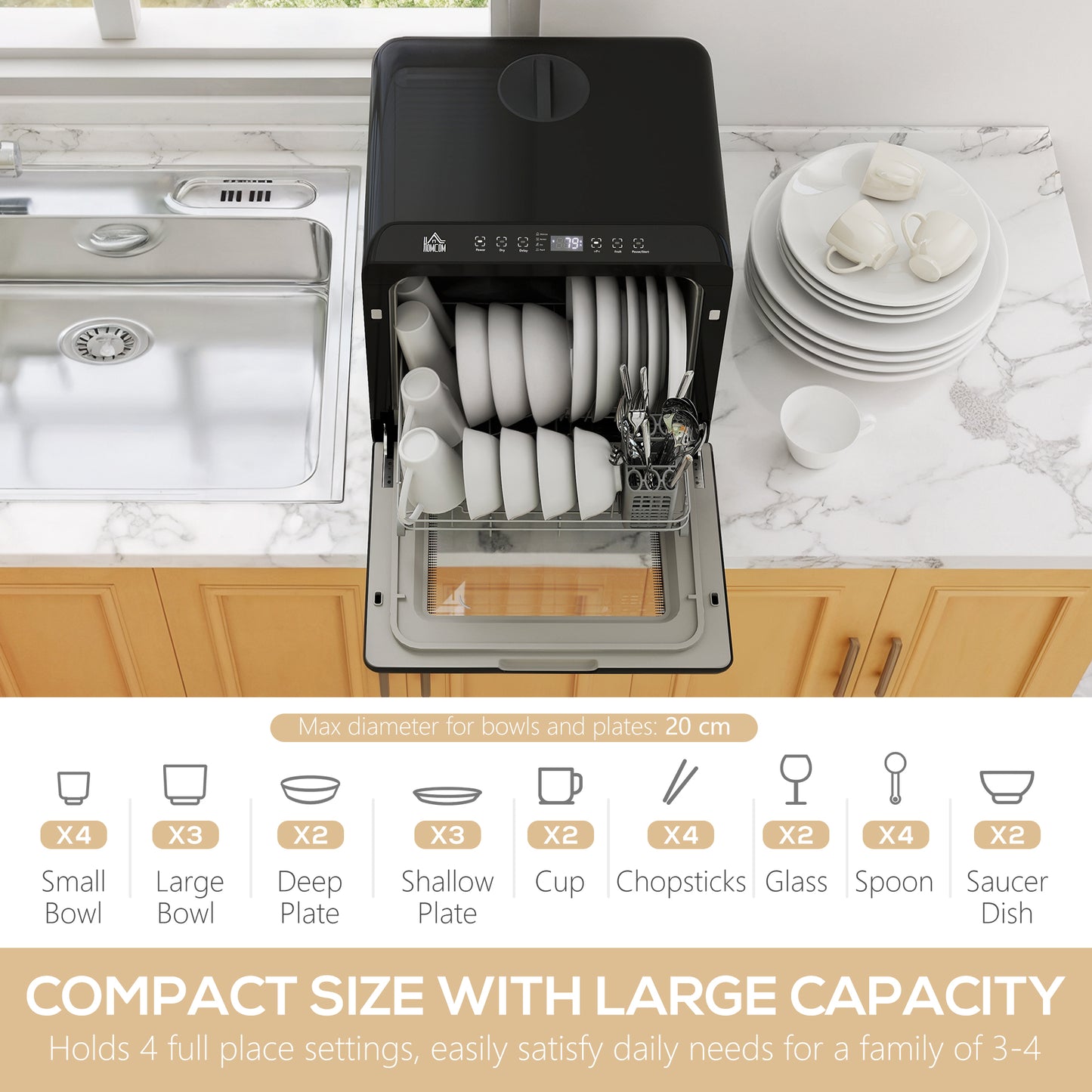 Countertop Dishwasher with Dual Water Supply and 6 Programs, Black