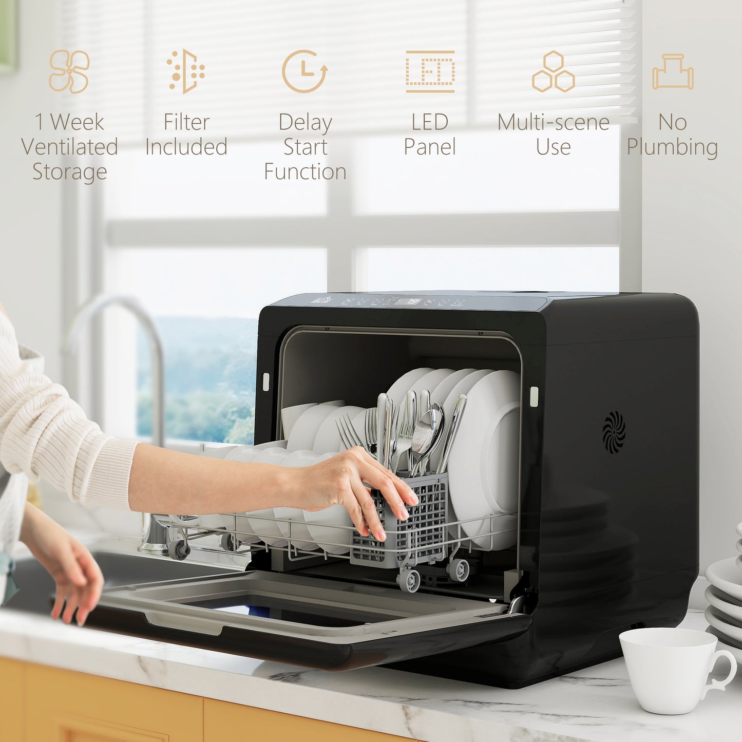 Countertop Dishwasher with Dual Water Supply and 6 Programs, Black