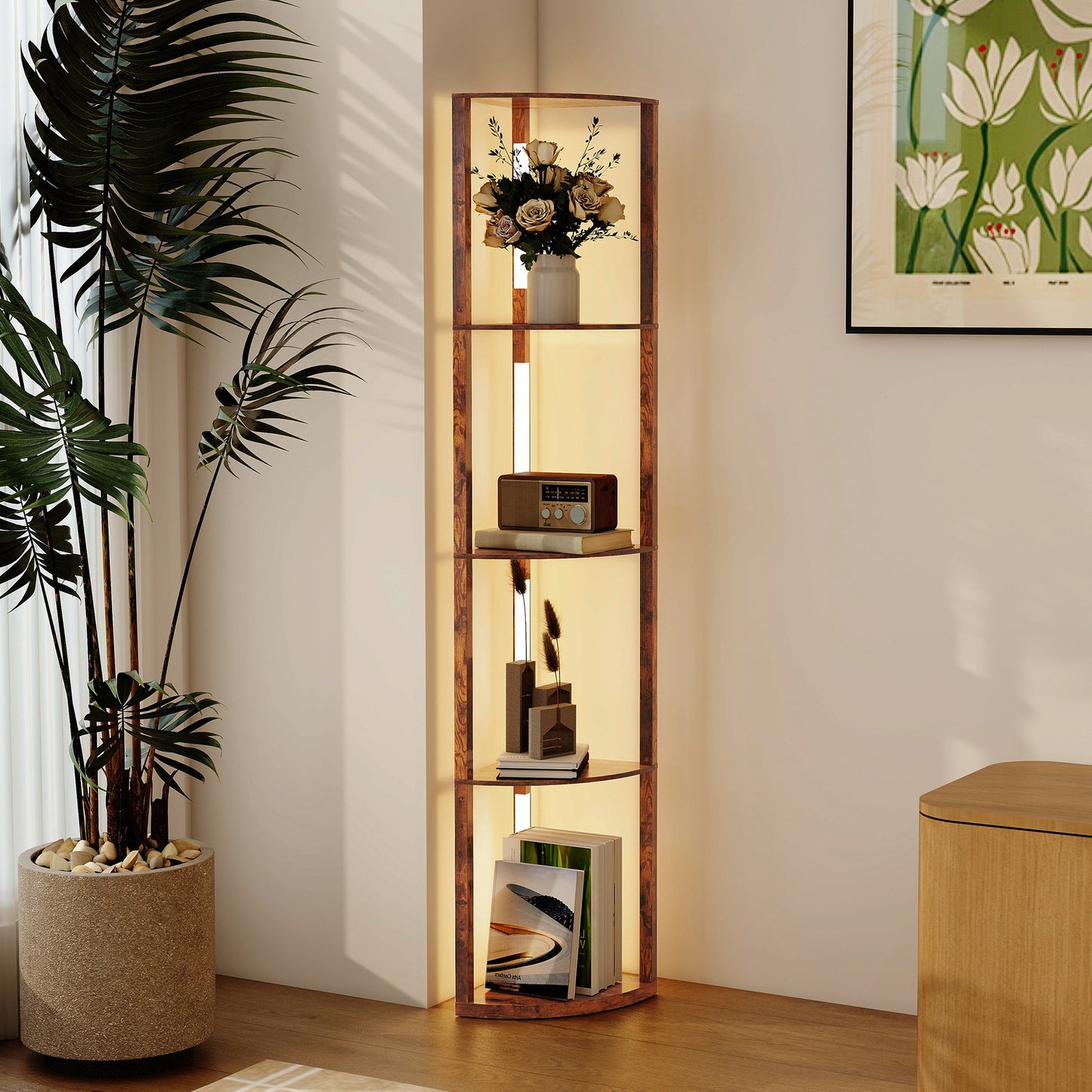 Corner Floor Lamp with Dimmable Warm White LED Light, Rustic Brown