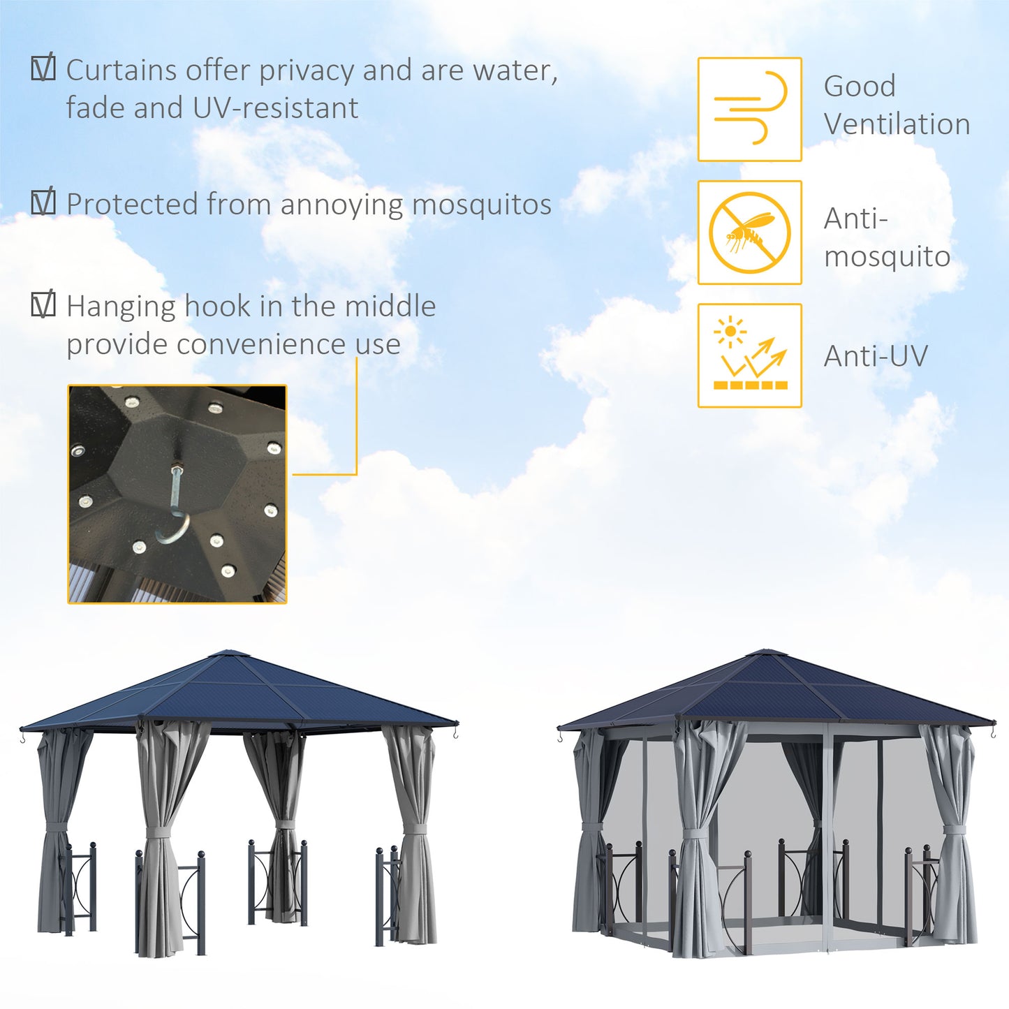 3x3(m) Hardtop Gazebo with Polycarbonate Roof, Netting and Curtains