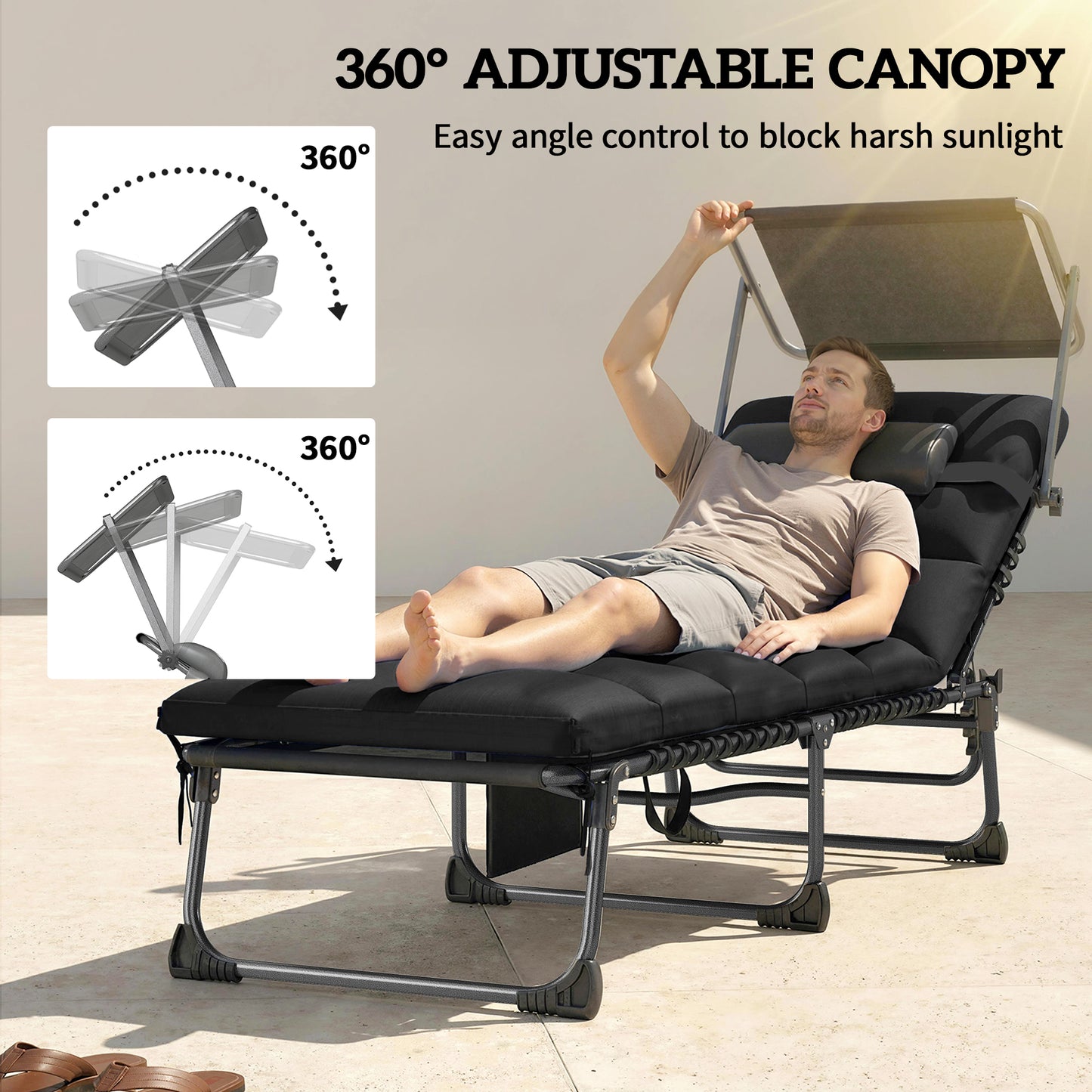 Folding Sun Loungers Set of 2, Sun Bed with Canopy, Black