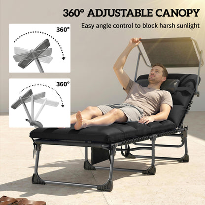 Folding Sun Loungers Set of 2, Sun Bed with Canopy, Black