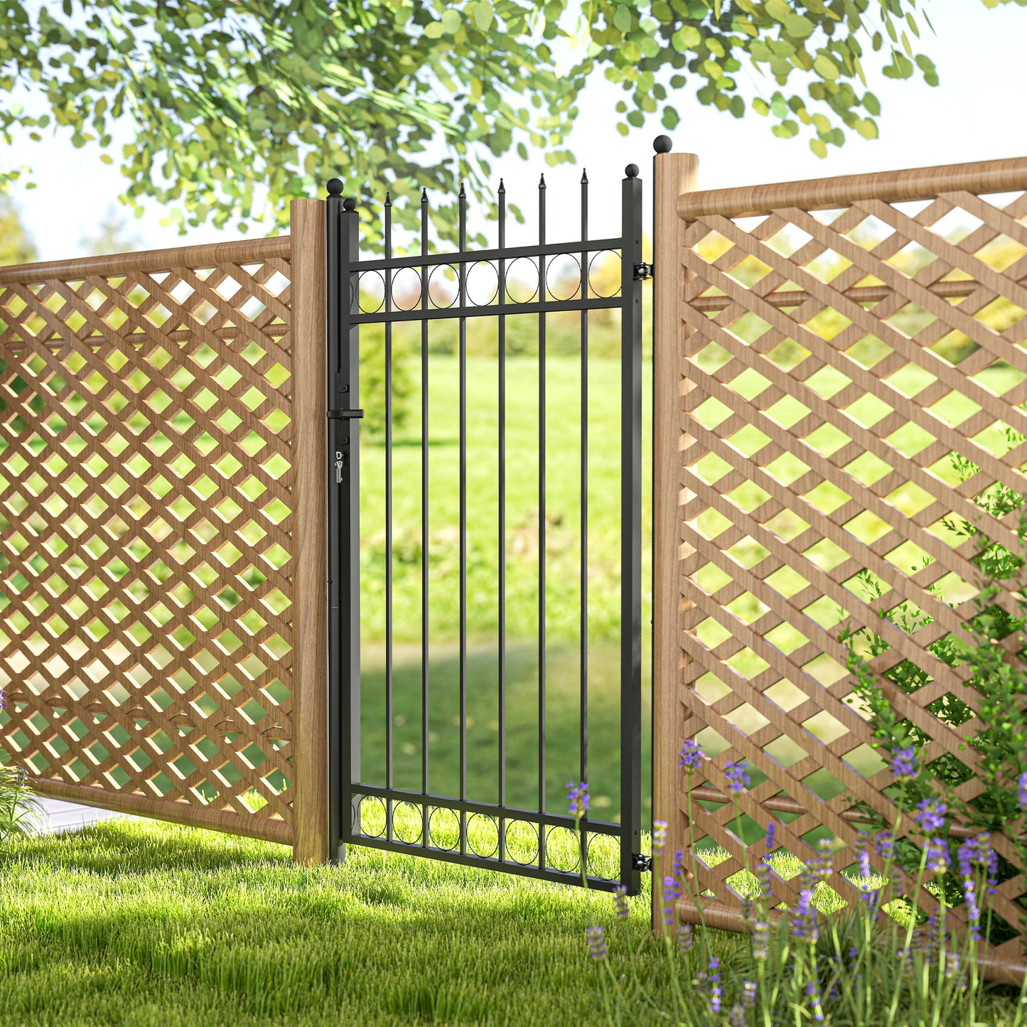 Galvanised Steel Garden Fence Gate Security Barrier with Lock, Keys