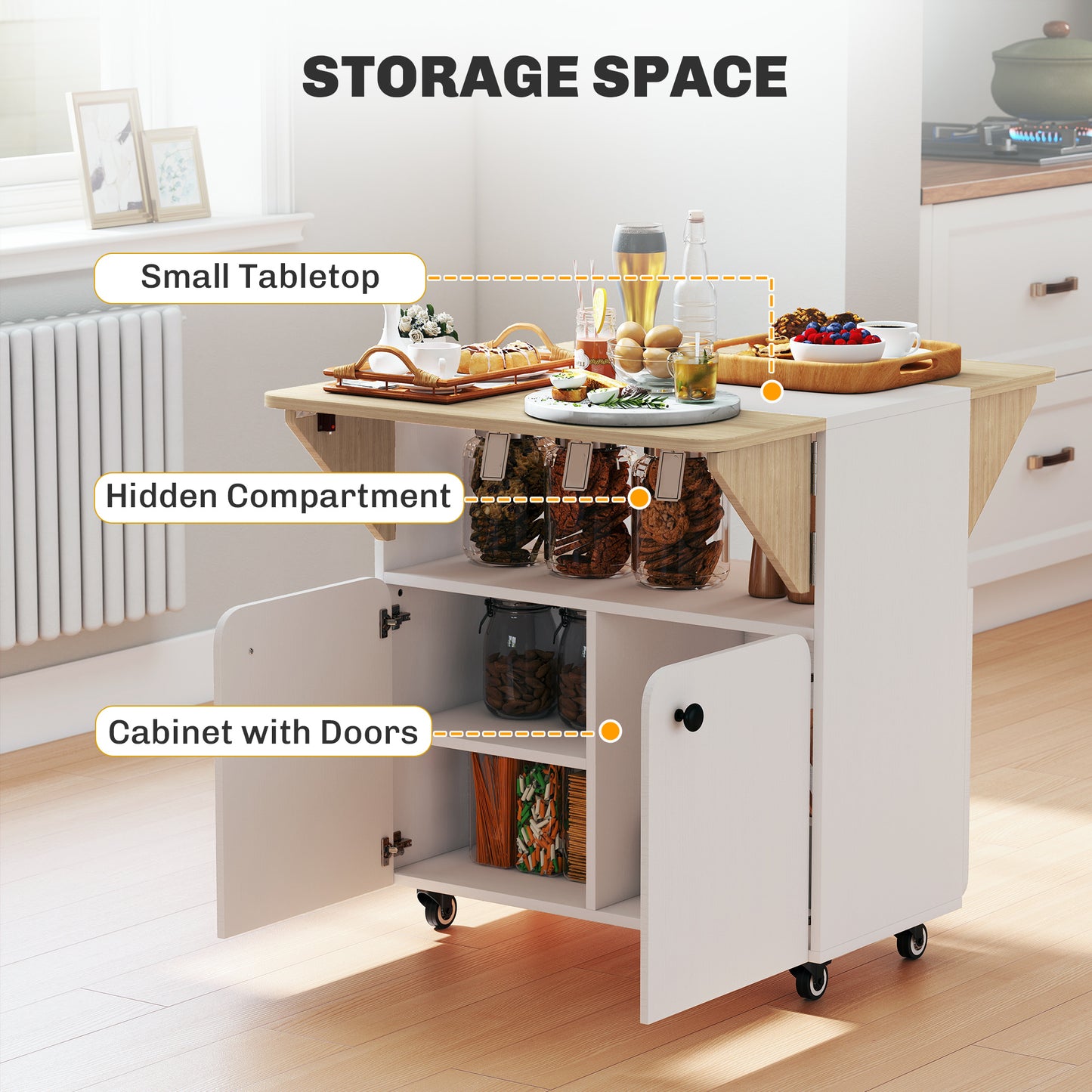 Folding Dining Table, Rolling Drop Leaf Table with Hidden Shelf