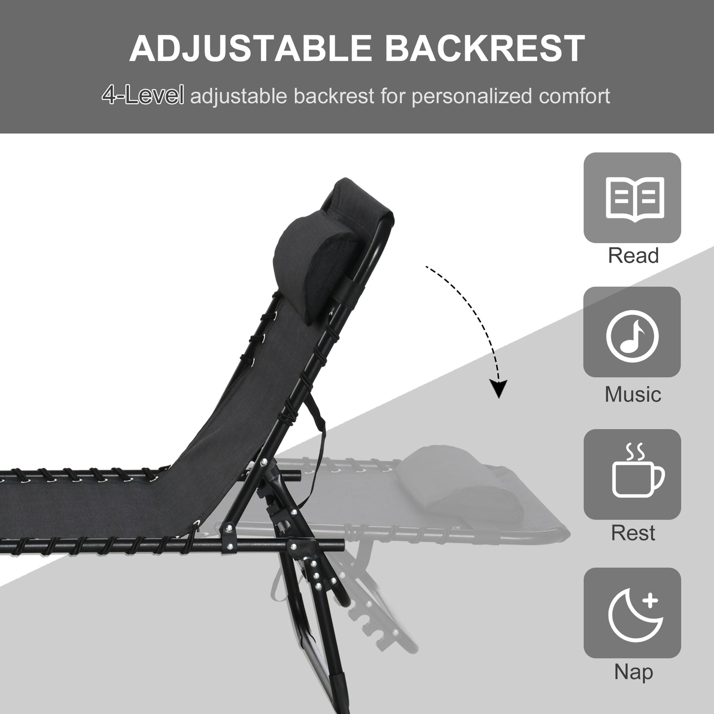 Folding Beach Chair Chaise Lounge 4 Adjustable Positions, Black