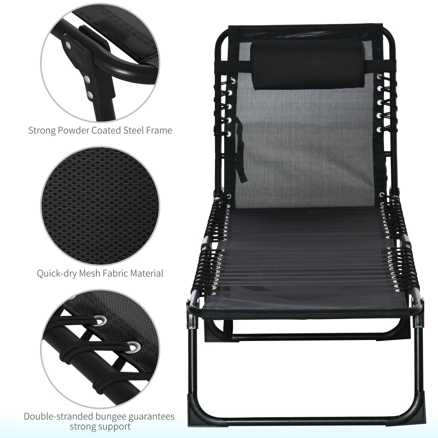 Folding Beach Chair Chaise Lounge 4 Adjustable Positions, Black