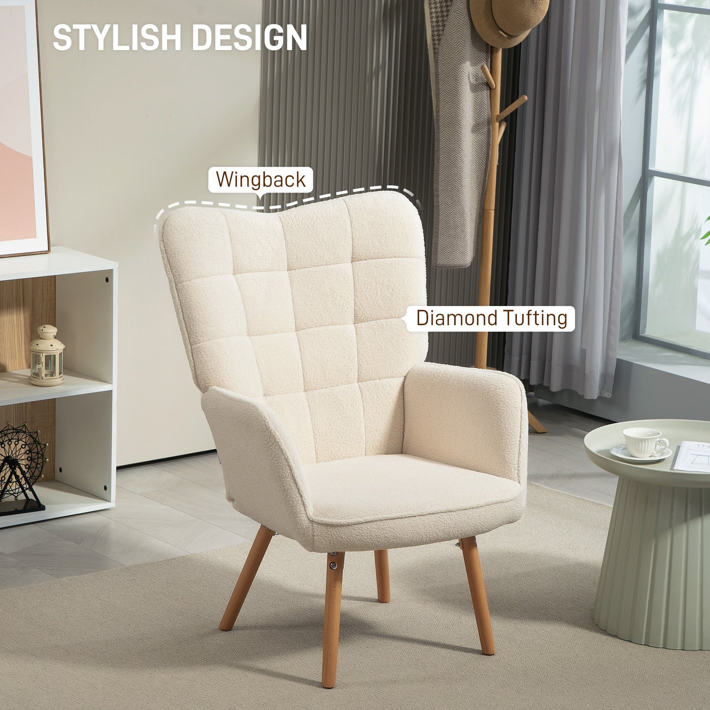 Upholstered Tufted Wingback Armchair with Seat Padding, Cream White