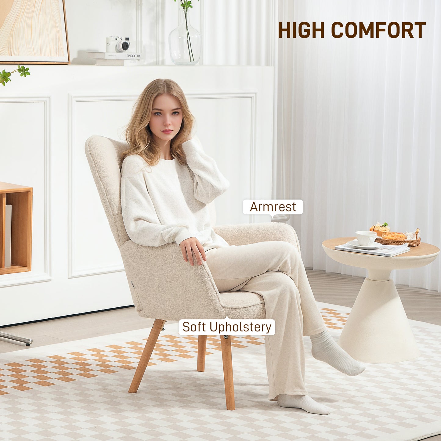 Upholstered Tufted Wingback Armchair with Seat Padding, Cream White
