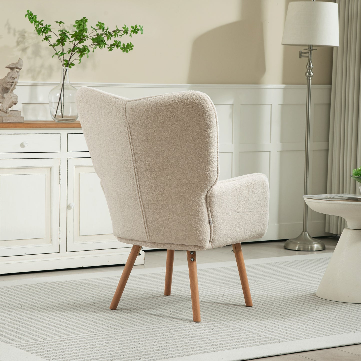 Upholstered Tufted Wingback Armchair with Seat Padding, Cream White