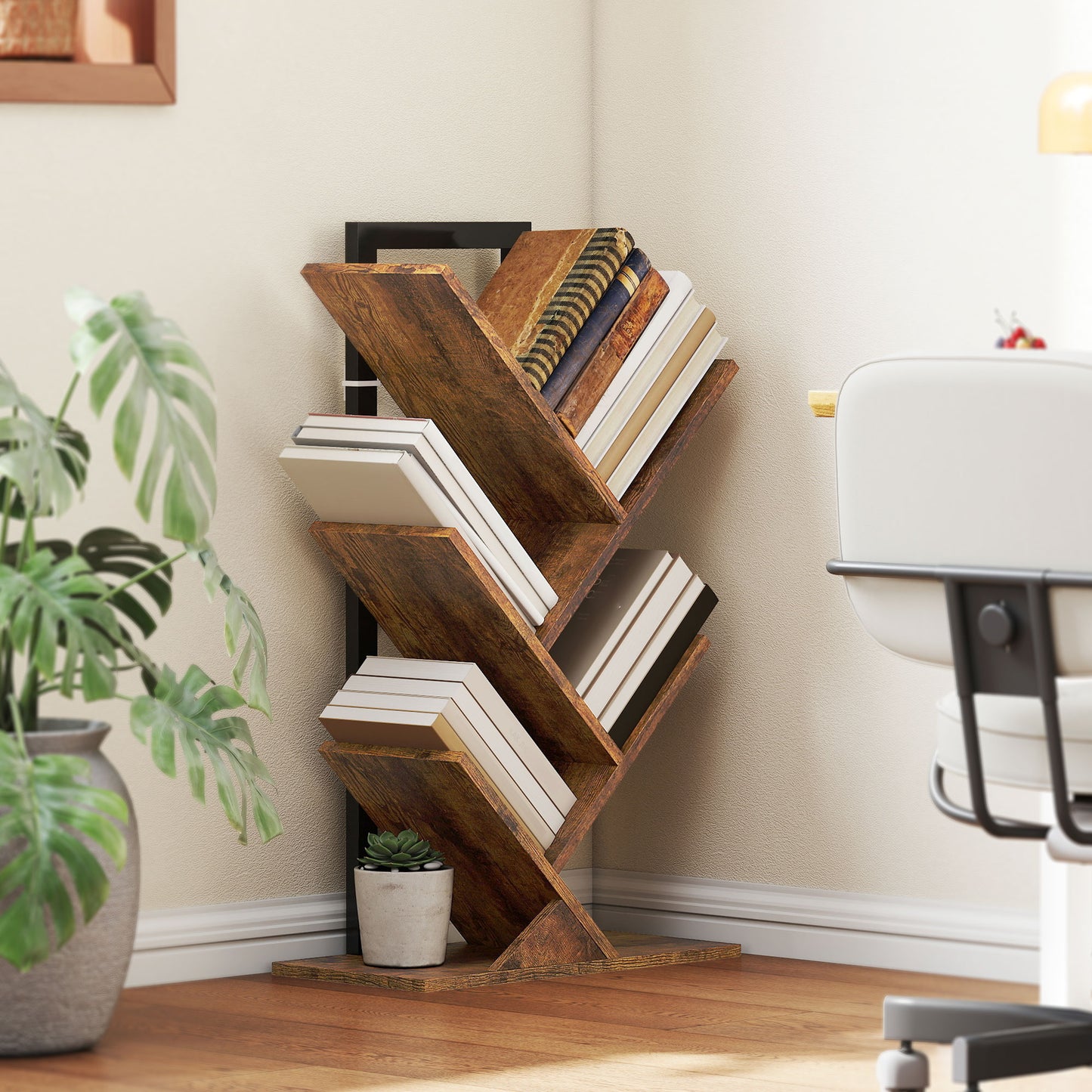 5-Tier Tree Bookshelf with Steel Frame for Living Room, Rustic Brown