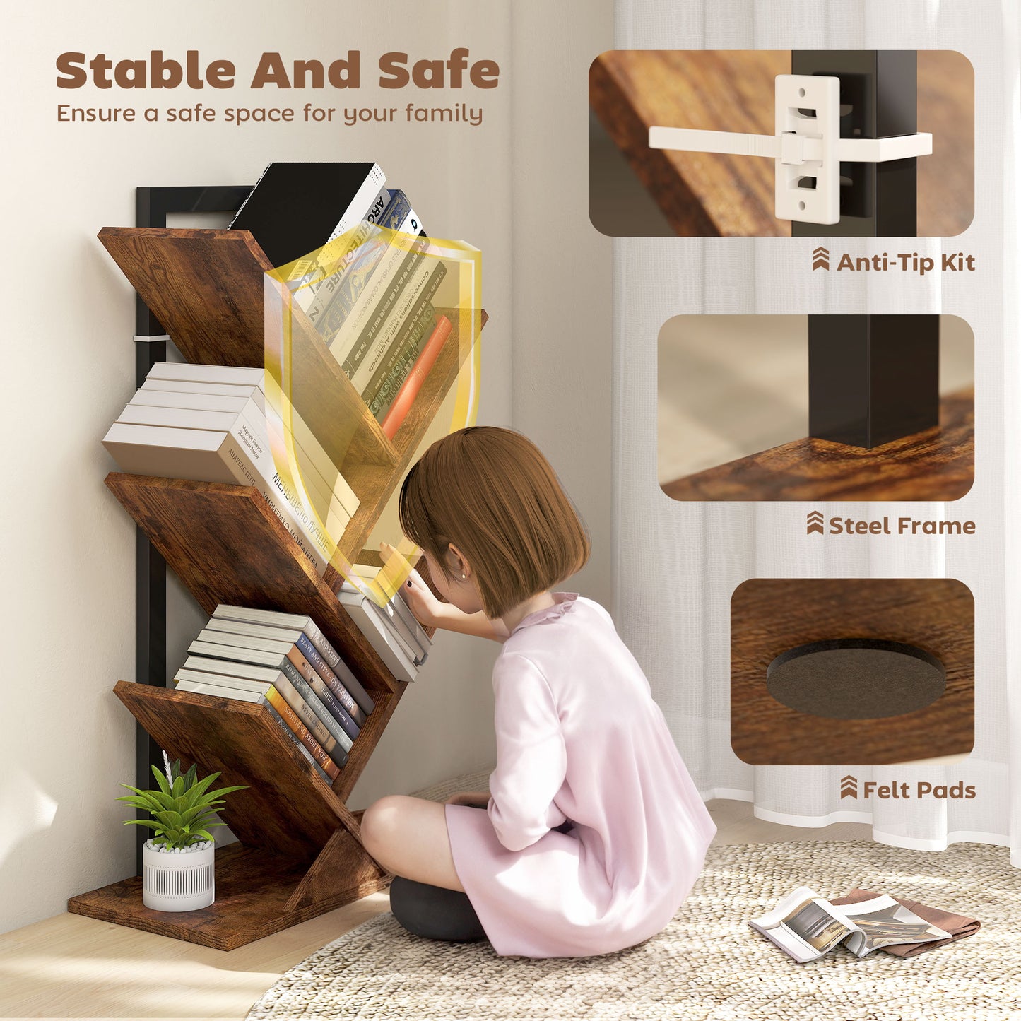 5-Tier Tree Bookshelf with Steel Frame for Living Room, Rustic Brown