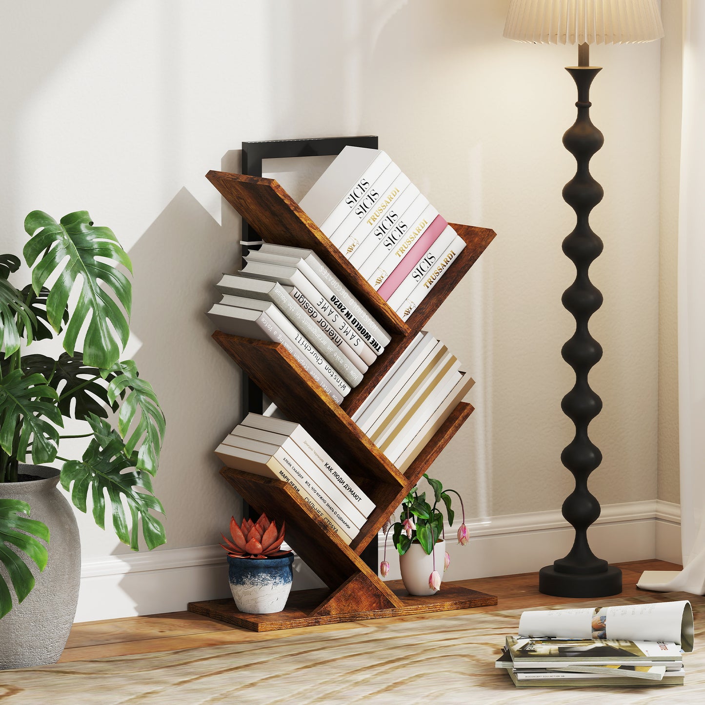 5-Tier Tree Bookshelf with Steel Frame for Living Room, Rustic Brown