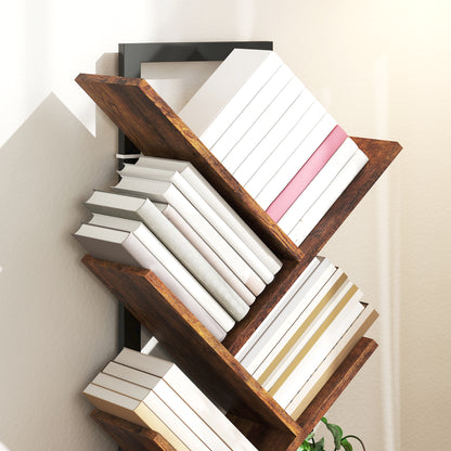 5-Tier Tree Bookshelf with Steel Frame for Living Room, Rustic Brown