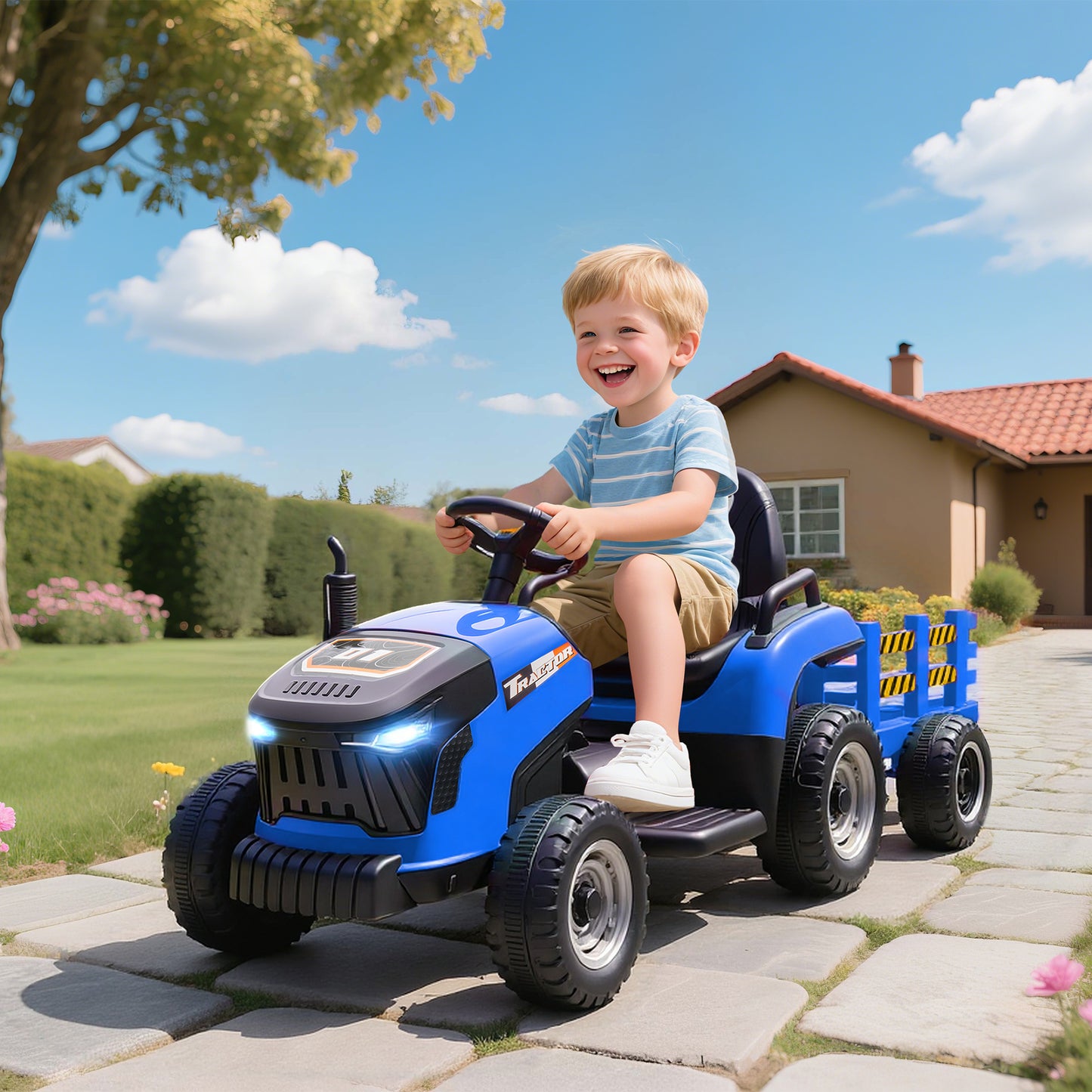 Ride on Tractor and Trailer, 12V Electric Ride on Tractor, Blue