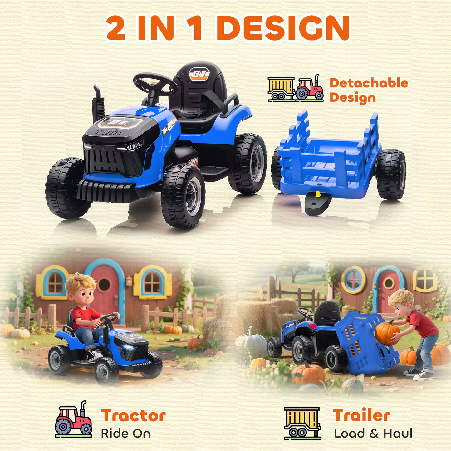 Ride on Tractor and Trailer, 12V Electric Ride on Tractor, Blue