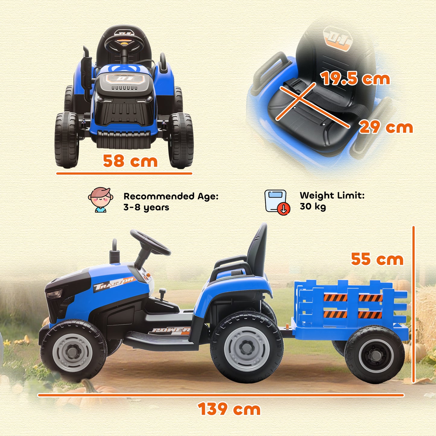 Ride on Tractor and Trailer, 12V Electric Ride on Tractor, Blue