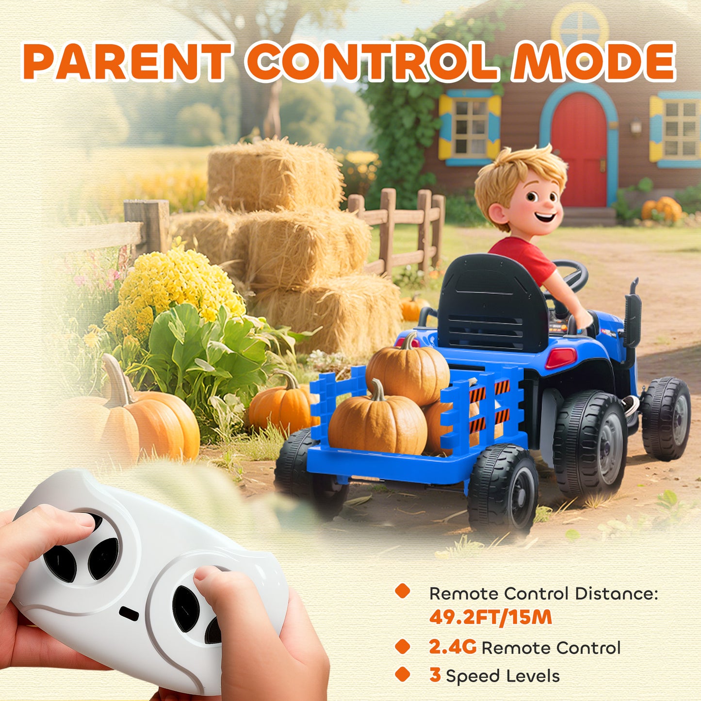 Ride on Tractor and Trailer, 12V Electric Ride on Tractor, Blue