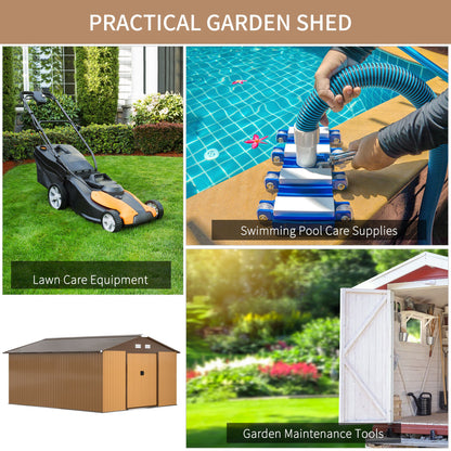 13 x 11ft Garden Metal Storage Shed Outdoor Storage Shed with Foundation Ventilation & Doors Brown