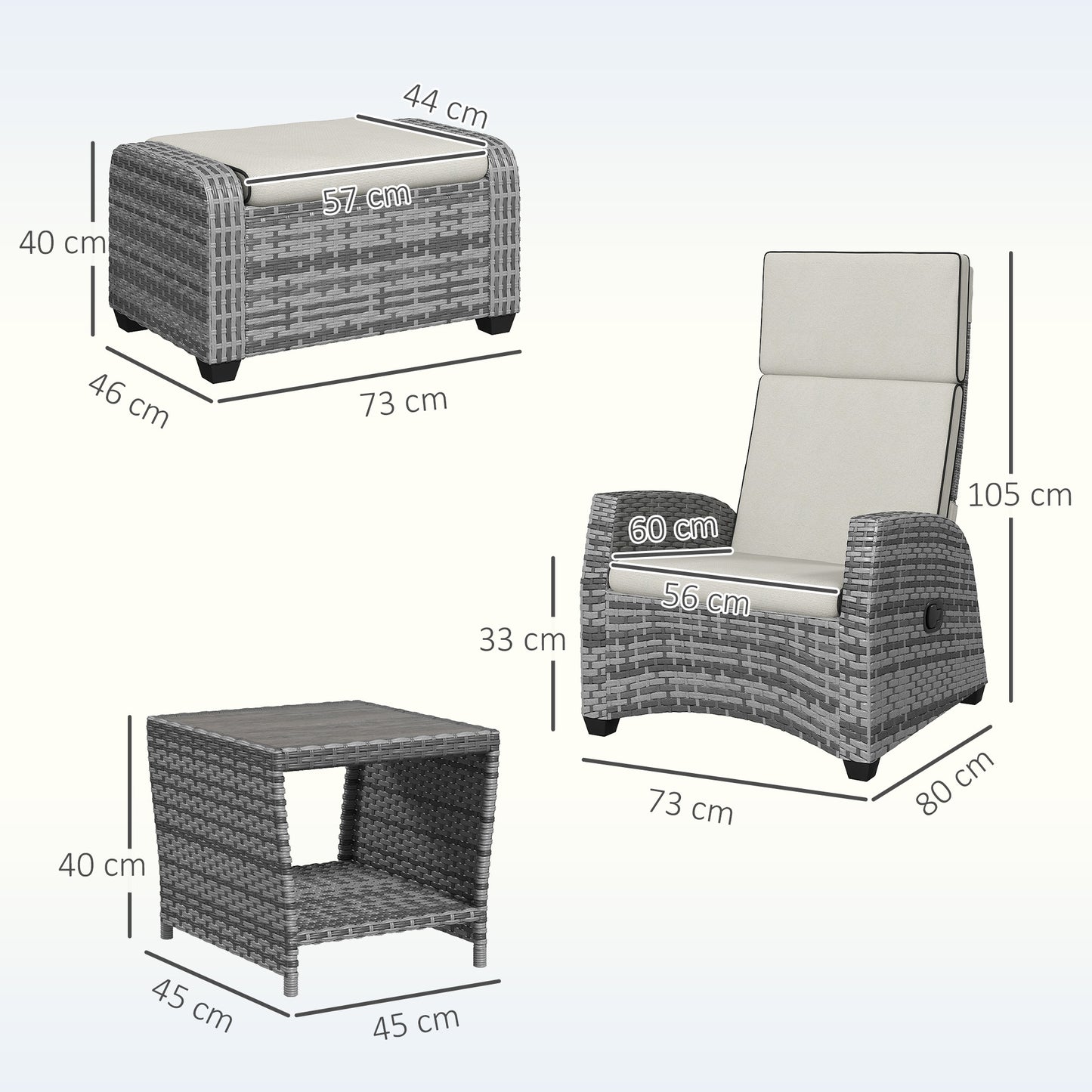 5 PCs Rattan Garden Furniture Set with Reclining Chairs, Grey