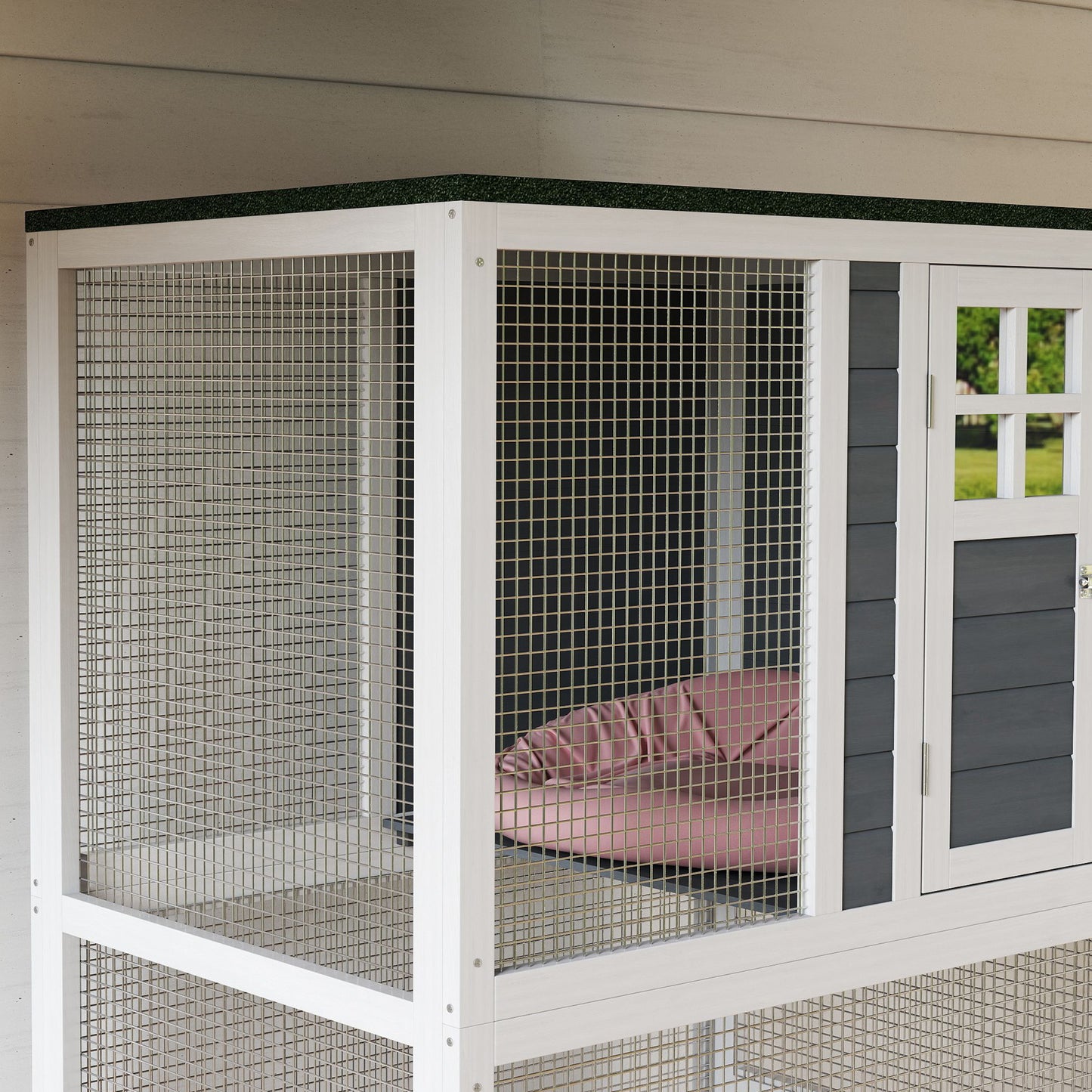 Wooden Cat House with Asphalt Roof, Cat Cage for Multiple Cats White