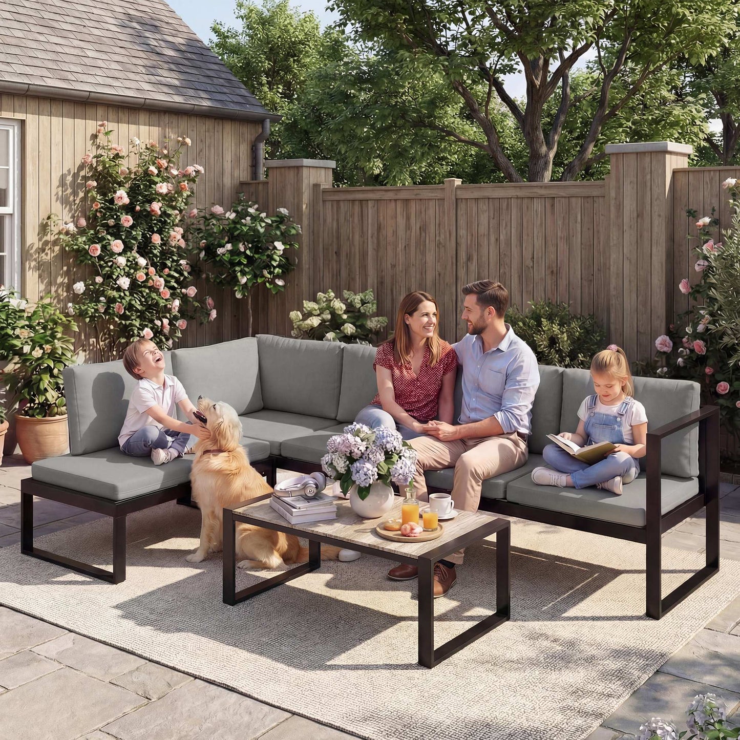 Garden Sofa Set with 2 Loveseats, Armless Chair, Coffee Table