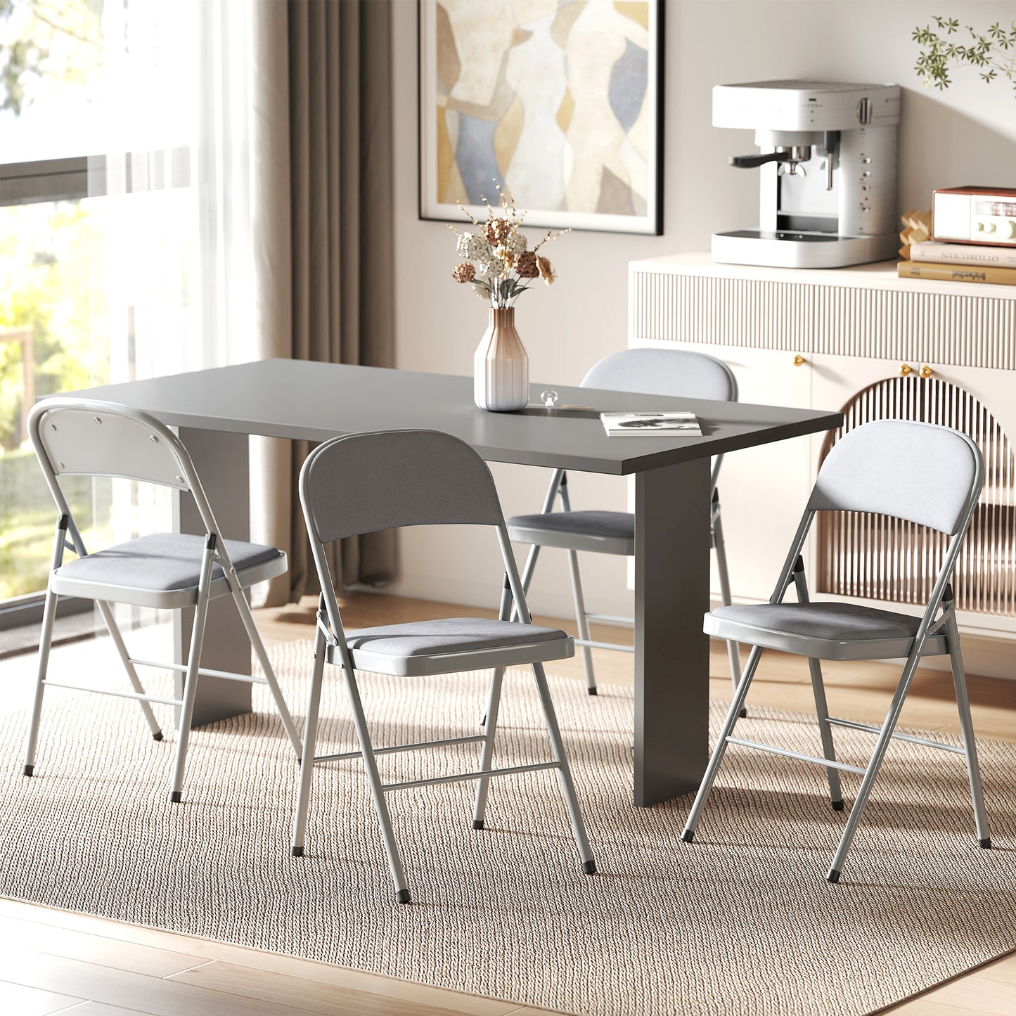 Folding Chairs Set of 4, Foldable Chairs with Cushions, Light Grey