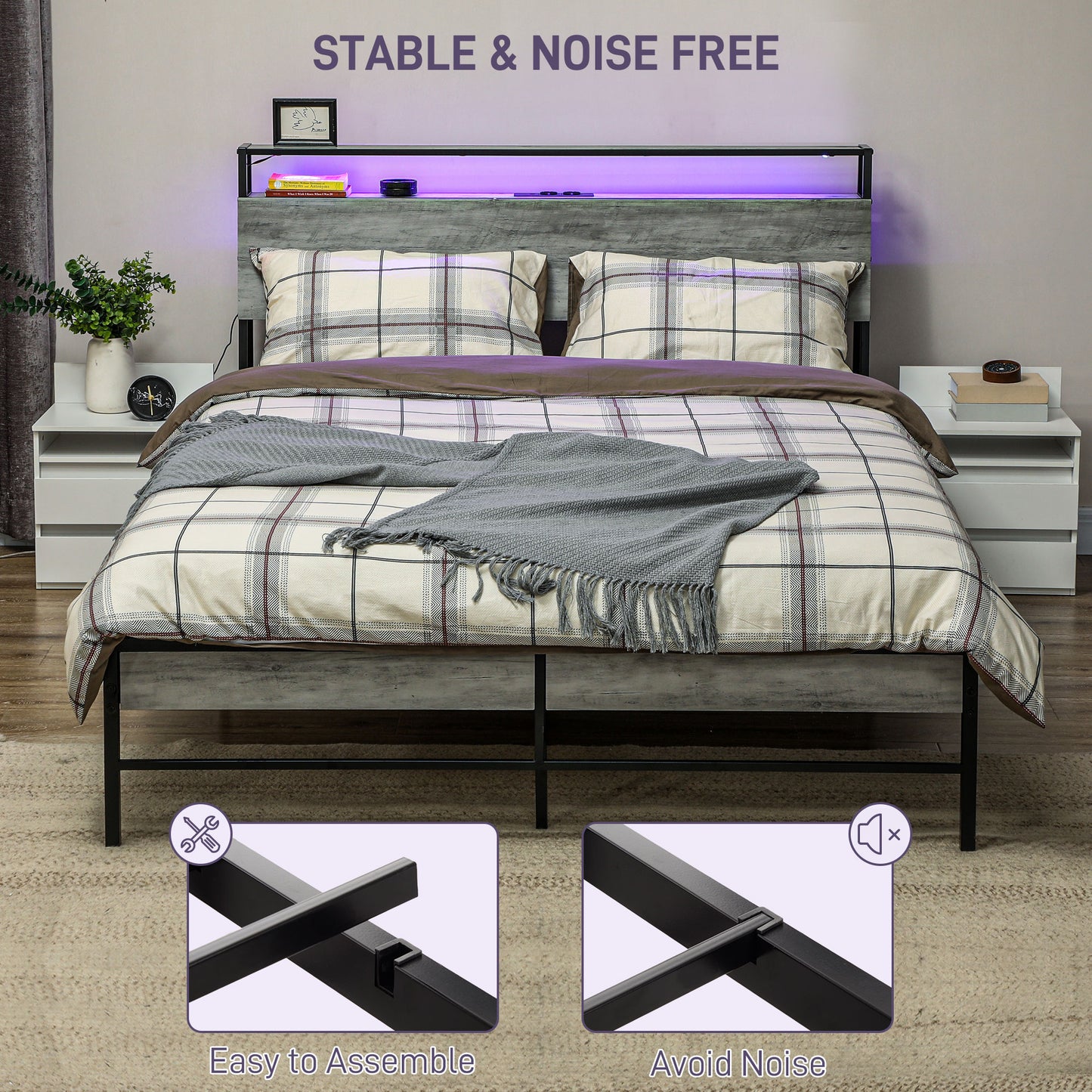 LED Double Bed Frame with Charging Station, 135 x 190cm, Cement Grey