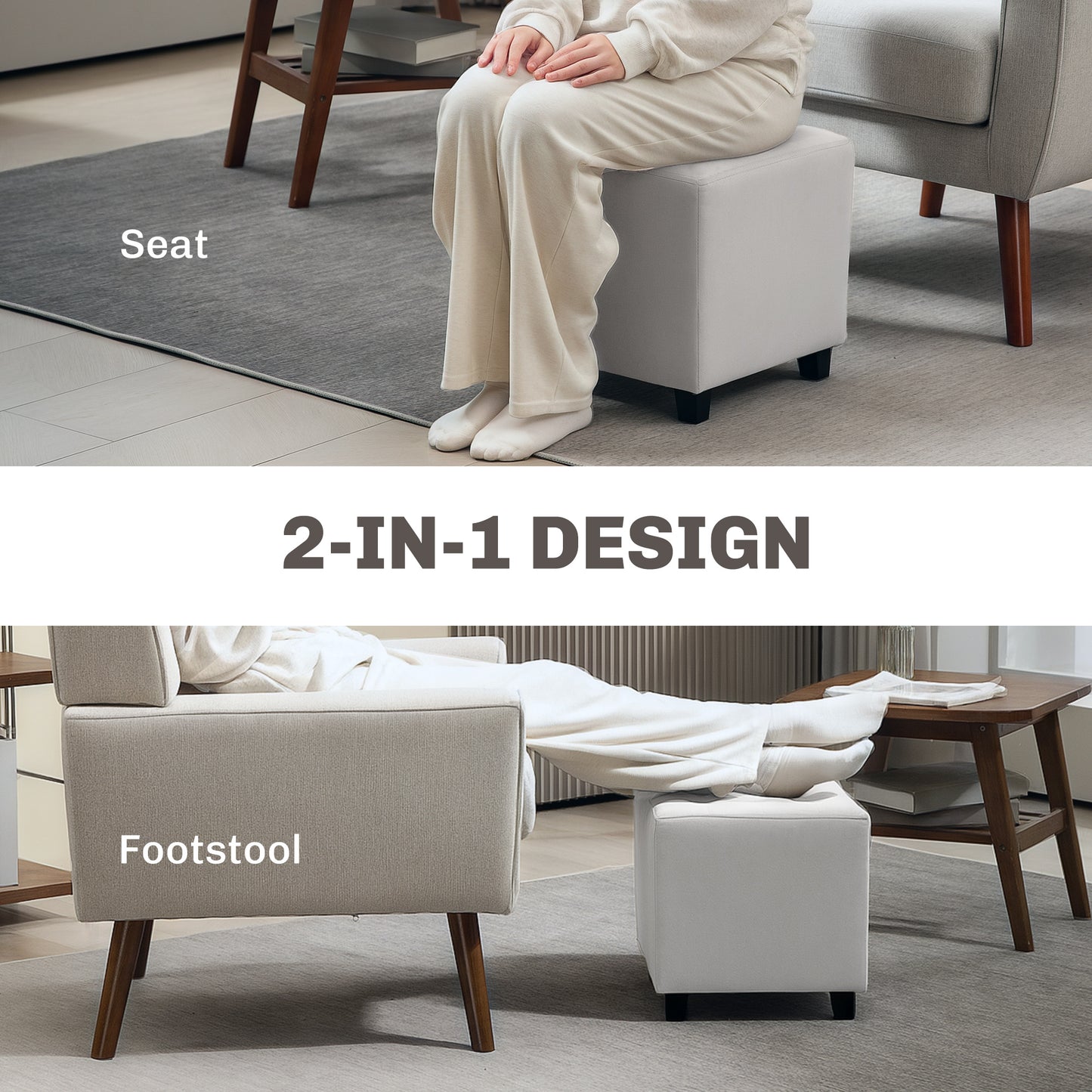 Square Footstool Small Ottoman w/ Wood Legs for Bedroom Light Grey
