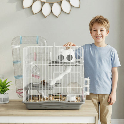 3-Tier Hamster Cage, Gerbil Cage with Exercise Wheel, Tunnel, Water Bottle, Food Dish, Hut, Ramp, for Dwarf Hamsters, 45 x 30 x 45 cm, Grey