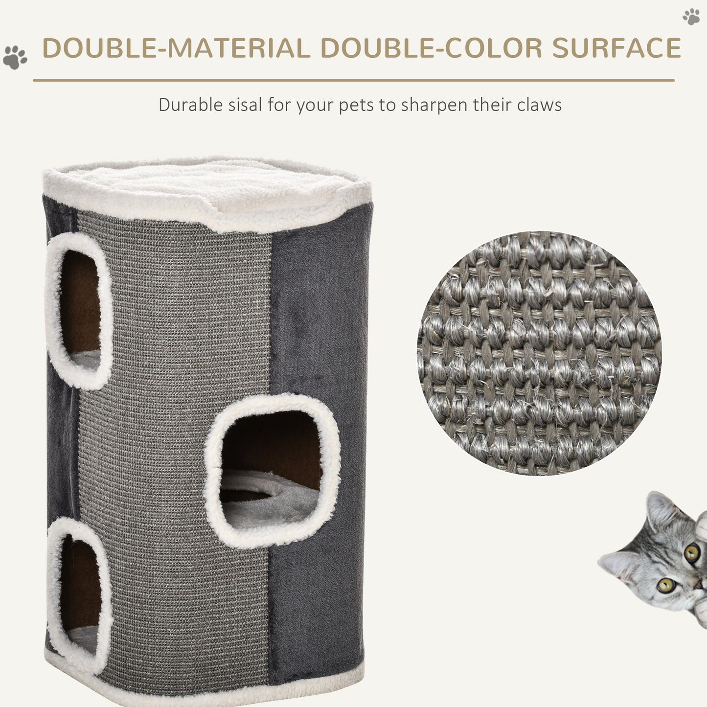 Cat Barrel Scratching Post Tree, Plush Fleece Indoor Cat Tower, Grey