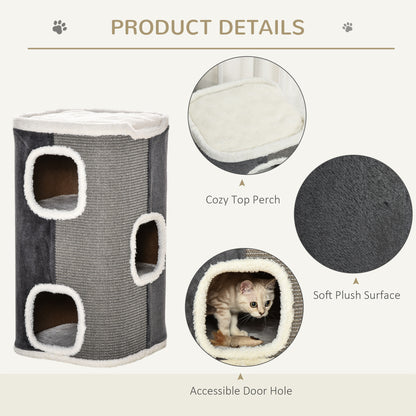 Cat Barrel Scratching Post Tree, Plush Fleece Indoor Cat Tower, Grey