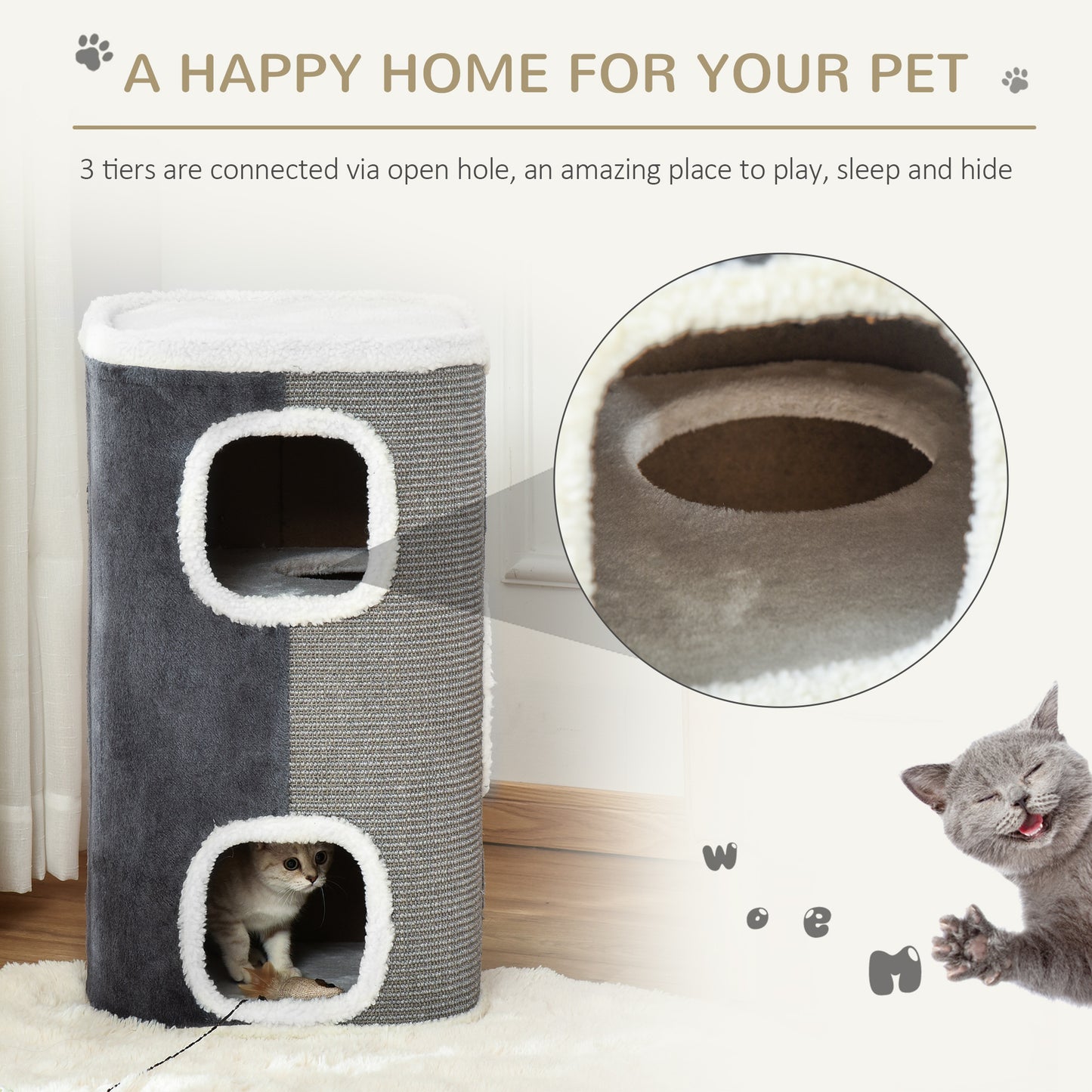Cat Barrel Scratching Post Tree, Plush Fleece Indoor Cat Tower, Grey