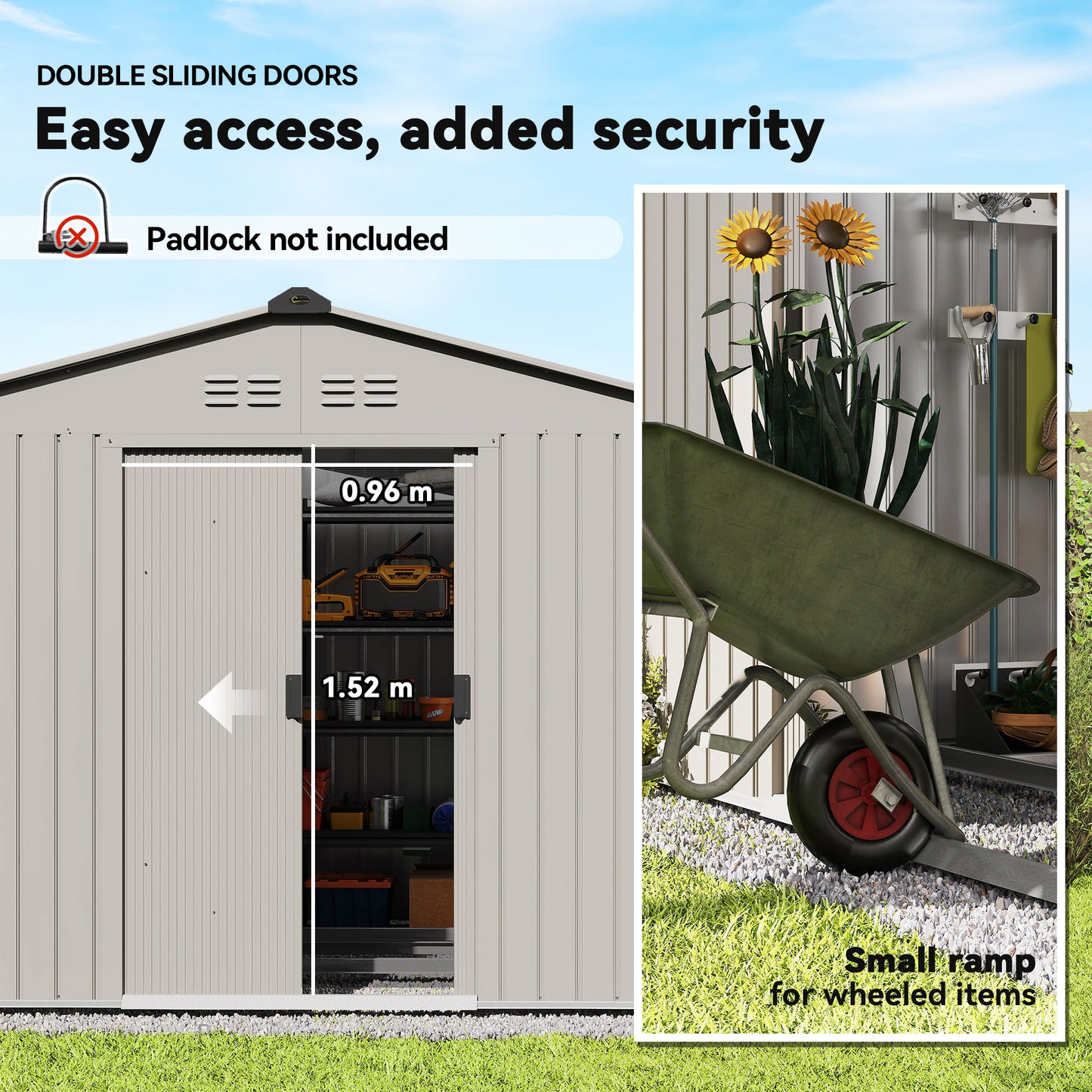 9 x 6FT Galvanised Garden Storage Shed with Sliding Door, Grey