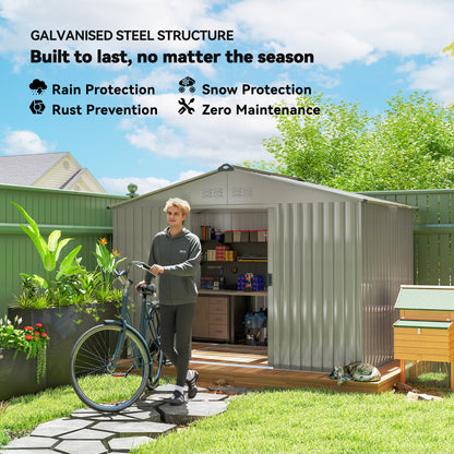 9 x 6FT Galvanised Garden Storage Shed with Sliding Door, Grey