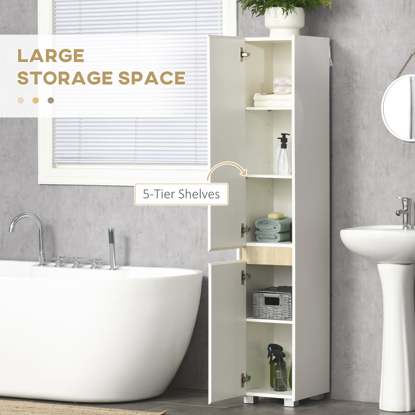 5-Tier Modern Tall Bathroom Cabinet with Adjustable Shelves White