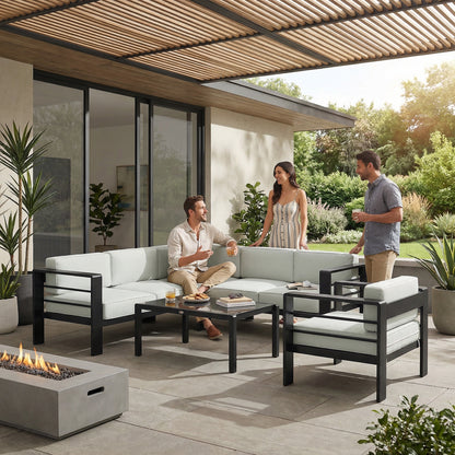 5-Piece Garden Corner Sofa Set with Cushions, 6 Seater Aluminium Garden Furniture Set with Coffee Table, Light Grey